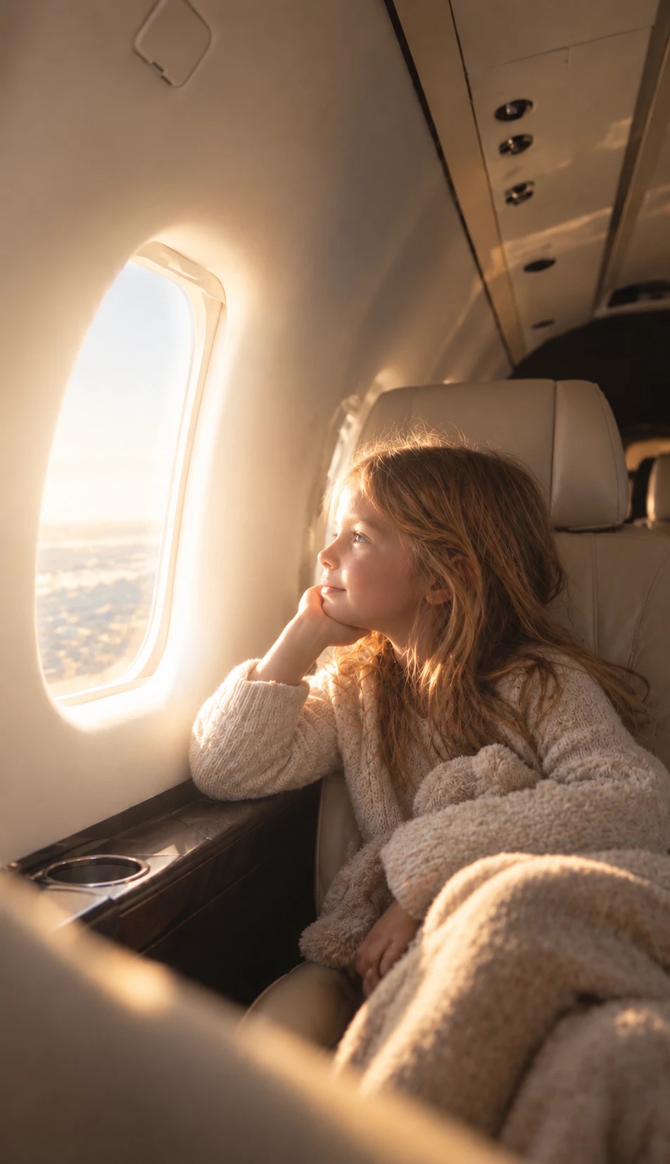 Jetfly On Demand, une enfant regarde par le hublot d'un jet privé, lumière du soir